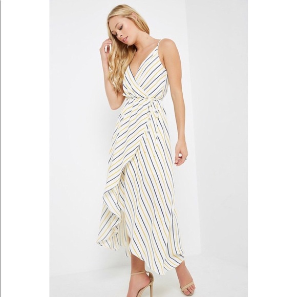 White with Blue & Mustard Stripes Wrap Maxi Dress - Picture 3 of 8